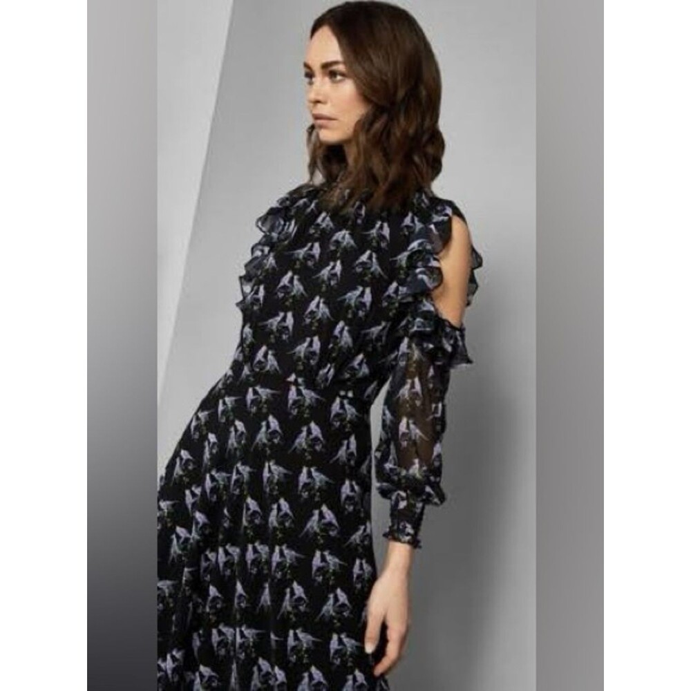 Ted Baker London Hilaina Love Birds Cold-Shoulder Ruffle Dress Size 3/US 8 NWT